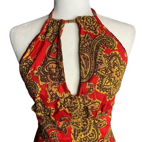 Vintage Handmade 70s Halter Dress S Red Paisley Maxi Sweetheart Tie Neck Zip - Picture 2 of 8